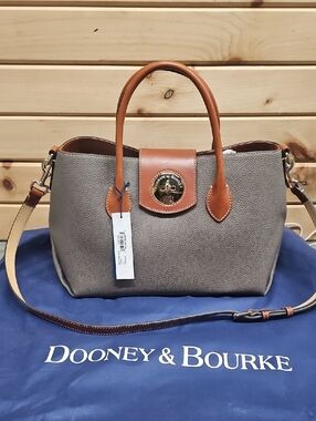 Dooney & Bourke Gray Pebble Leather Satchel with Tan Trim
